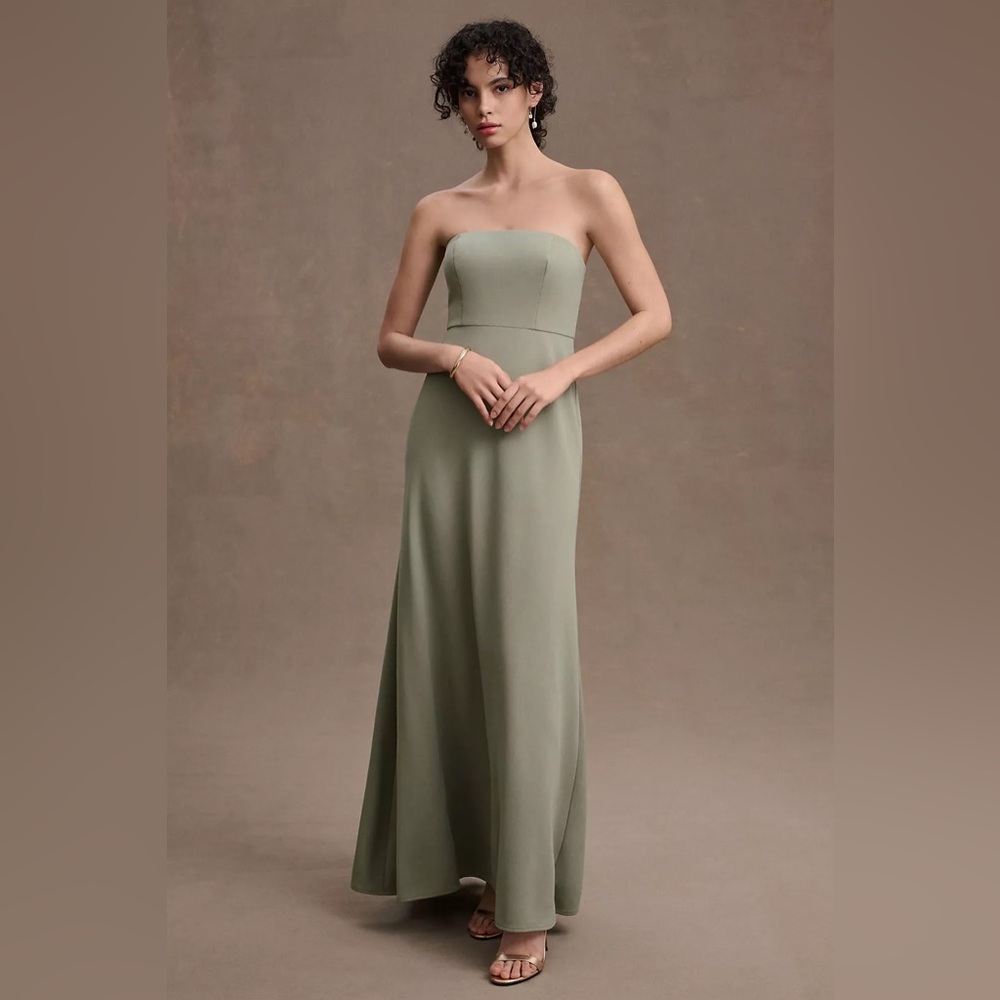 BHLDN Everly Strapless Crepe Gown Dress in Sage Green - Picture 1 of 9